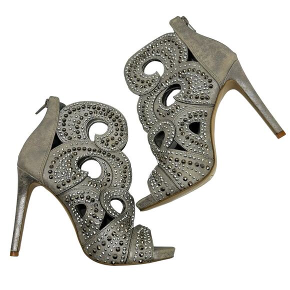 Gianni Bini Merilee Silver Metallic Rhinestone Stiletto Heel Open Toe Shooties - Picture 1 of 9